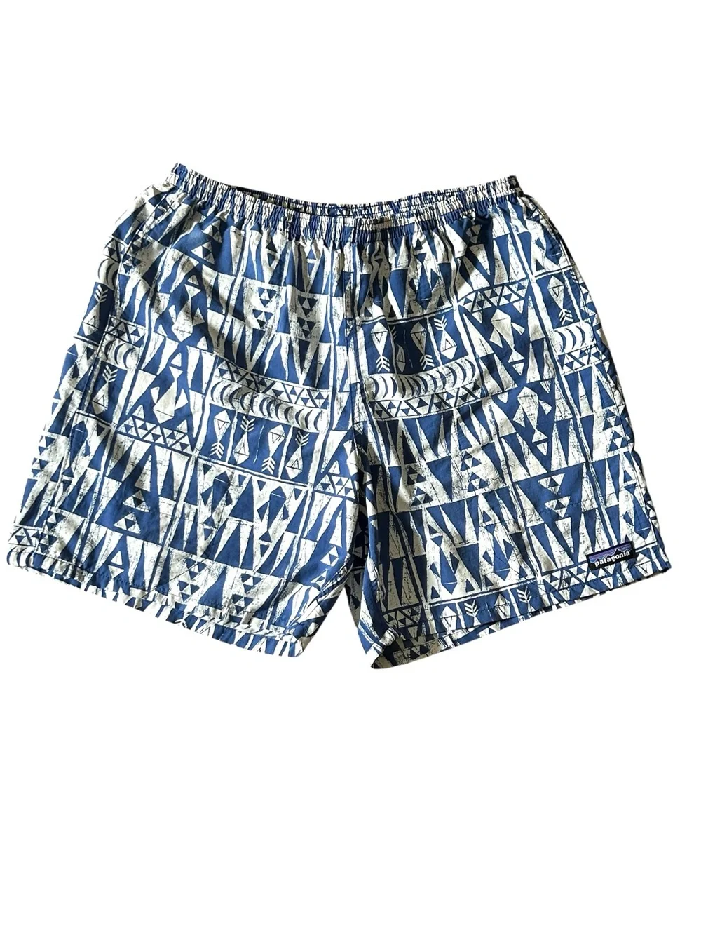 PATAGONIA Mens White Blue Baggies Adult Sz M Tribal Aztec Geometric Print Lined